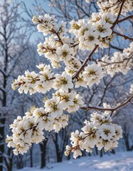 Obraz premium Snow-covered tree branches with whitebeam blossoms, frozen, serene, flowers