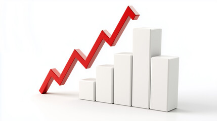 Upward Trend: A red arrow points upward as a 3D bar graph demonstrates positive growth, symbolizing success, progress, and financial advancement.  