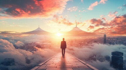 Fototapeta premium A solitary figure stands on a path amidst clouds, gazing at a vibrant sunset over futuristic peaks.
