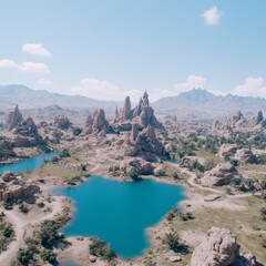 Fototapeta premium Serene Oasis Arid Landscape with Turquoise Lakes and Rock Formations