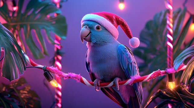 A festive parrot wearing a Santa hat sits among colorful lights and tropical leaves, creating a cheerful holiday atmosphere.