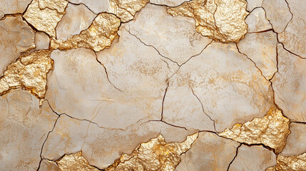 Fototapeta premium Cracked Gold Texture: A captivating macro shot of a textured surface with cracks revealing shimmering gold underneath. The interplay of light and shadow creates a mesmerizing abstract pattern.