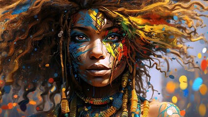 Young  woman in carnival costume. Close-up of a young woman's face.  Brazilian carnival. Carnival Festival in the Caribbean. Generate AI.