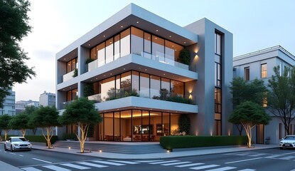 Fototapeta premium A modern, minimalist building stands on a quiet street.