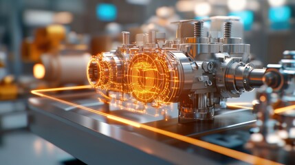 Futuristic engine design displayed on a digital platform in a modern factory setting.