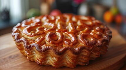 Golden-brown apple pie with decorative crust on wooden board.