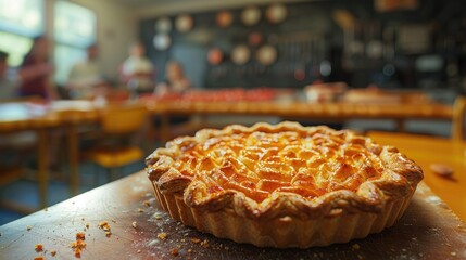 Golden-brown baked pie on wooden surface, blurred background shows people in a cooking class.
