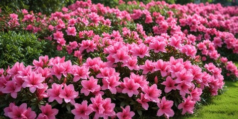 Fototapeta premium Pink azalea flowers in a garden bed with green grass , azalea, nature, purple