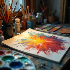 Fototapeta premium A beautiful display of creativity unfolds in an artist\'s studio, featuring a colorful explosion on paper surrounded by paints, brushes, and tools, evoking inspiration and passion for art