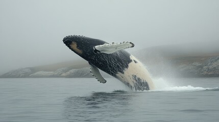 Fototapeta premium Humpback whale breaching in foggy ocean.