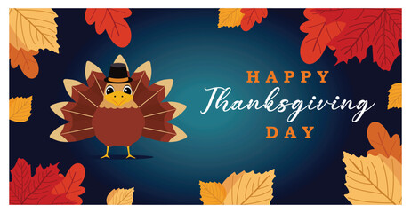 Thanksgiving Greeting Card Featuring a Turkey and Colorful Autumn Leaves.