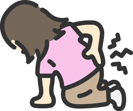 recommend clip art: 腰痛で立ち上がれない、女性のアイコン（線画カラー）のイラスト