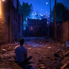 Solitary Figure Contemplates Urban Decay in Alleyway at Night
