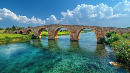 Fototapeta premium A picturesque stone bridge spanning a clear river under a bright blue sky with fluffy clouds.