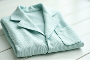 A neatly folded mint green pajama set showcases delicate stripes, resting on a bright white wooden surface. This cozy attire invites moments of relaxation and peace at home