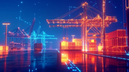 A container vessel docked at a futuristic port, illuminated by glowing wireframe cranes and minimalistic lines, set against a deep dark blue atmosphere, perfect for modern shipping visuals.