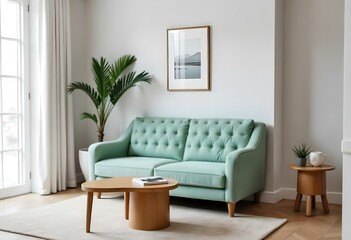 A modern living room with a mint green tufted sofa, a wooden side table, and a framed artwork on the wall. The room has a minimalist and cozy aesthetic.