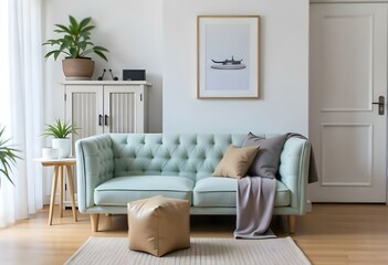 A modern living room with a mint green tufted sofa, a wooden side table, and a framed artwork on the wall. The room has a minimalist and cozy aesthetic.