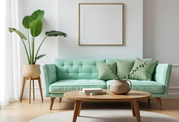 A modern living room with a mint green tufted sofa, a wooden side table, and a framed artwork on the wall. The room has a minimalist and cozy aesthetic.