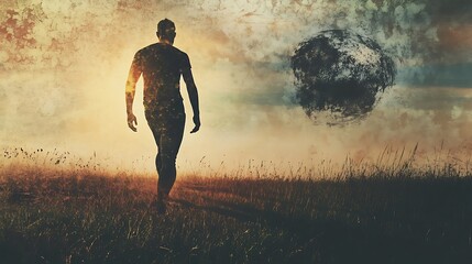 Silhouette of a man walking towards a large sphere in a field