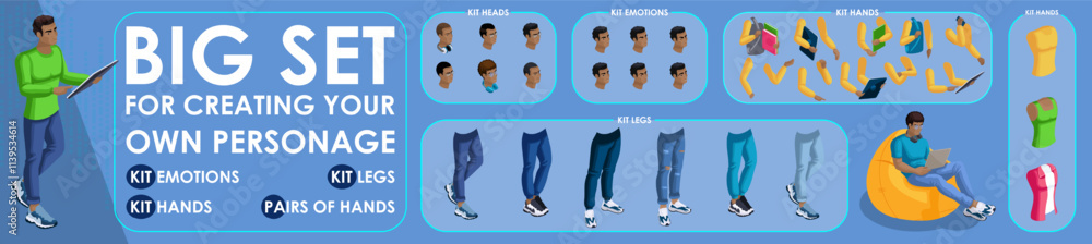 Poster isometric black man characters constructor for designed. set various action n5. set of students pers