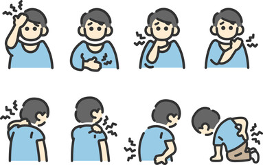 いろいろな身体症状の、男性のアイコン（線画カラー）のイラストセット