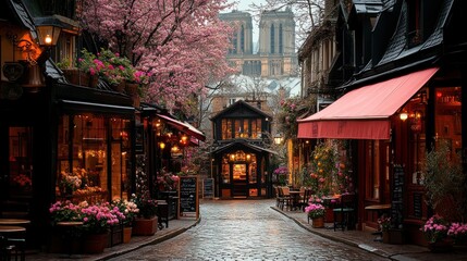 Naklejka premium A picturesque street lined with blooming flowers and charming cafes, evoking a serene atmosphere.