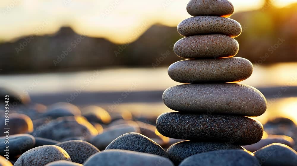 Poster balanced stack of smooth stones on a beach at sunset with soft waves in the background