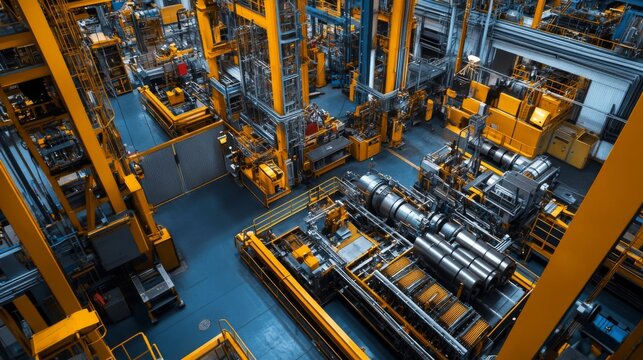 High-angle view of a large industrial factory interior with complex machinery and equipment.