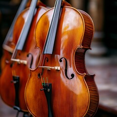 Trio of Polished Cellos in Warm Lighting