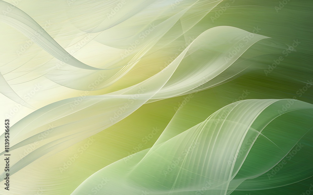 Poster abstract digital art with a green and white gradient background, featuring dynamic wave-like curved 