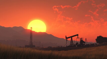 Fototapeta premium A sunset silhouette of an oil rig against a vibrant sky and mountains.