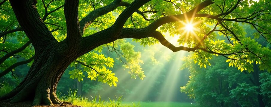 Diospyros decandra tree branches stretching towards sunlight, green, forest