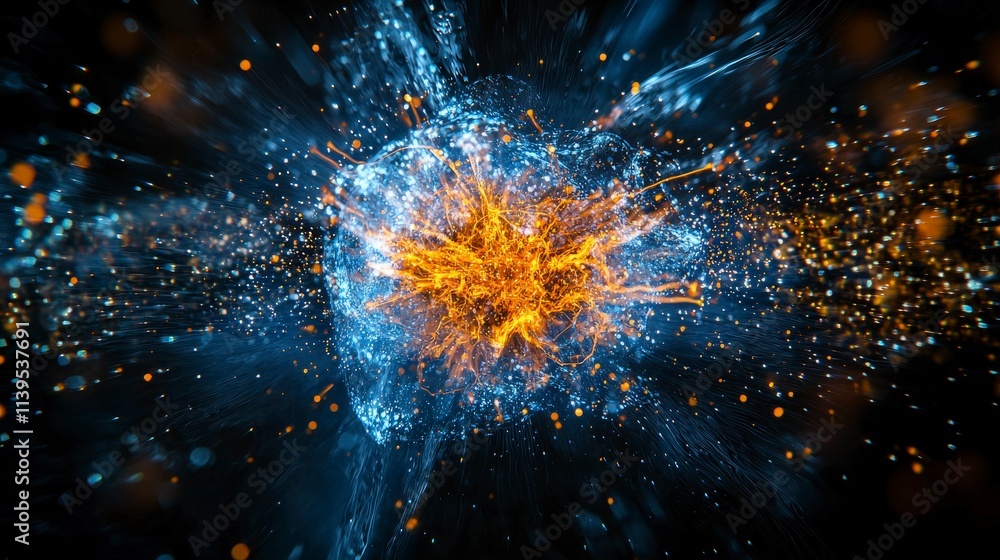 Aufkleber Explosive particle splitting in space cosmic event digital art dark environment abstract viewpoint science concept