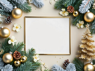 A beautiful arrangement features a blank frame surrounded by evergreen branches, golden ornaments, flowers, and pinecones, creating a perfect display for holiday memories.