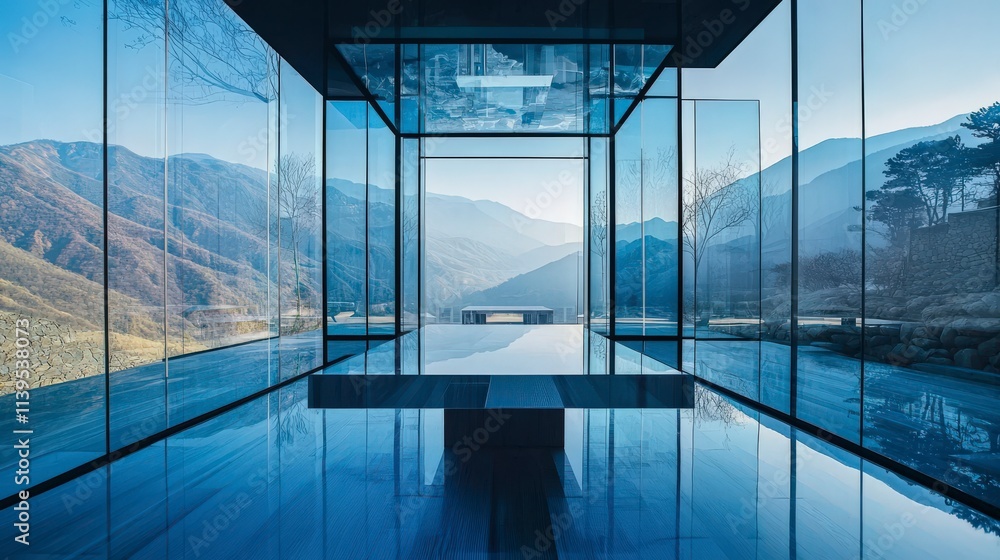 Aufkleber Redefining space a serene pavilion with translucent walls and stunning mountain views in modern architectural design