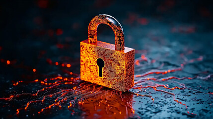 glowing digital padlock surrounded by complex circuitry, symbolizing security and technology. vibrant colors and intricate details create captivating visual experience