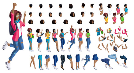 Isometric cartoon people, 3D Set for creating Black Student person. Full length gestures isolated, N5. Create your own design for vector