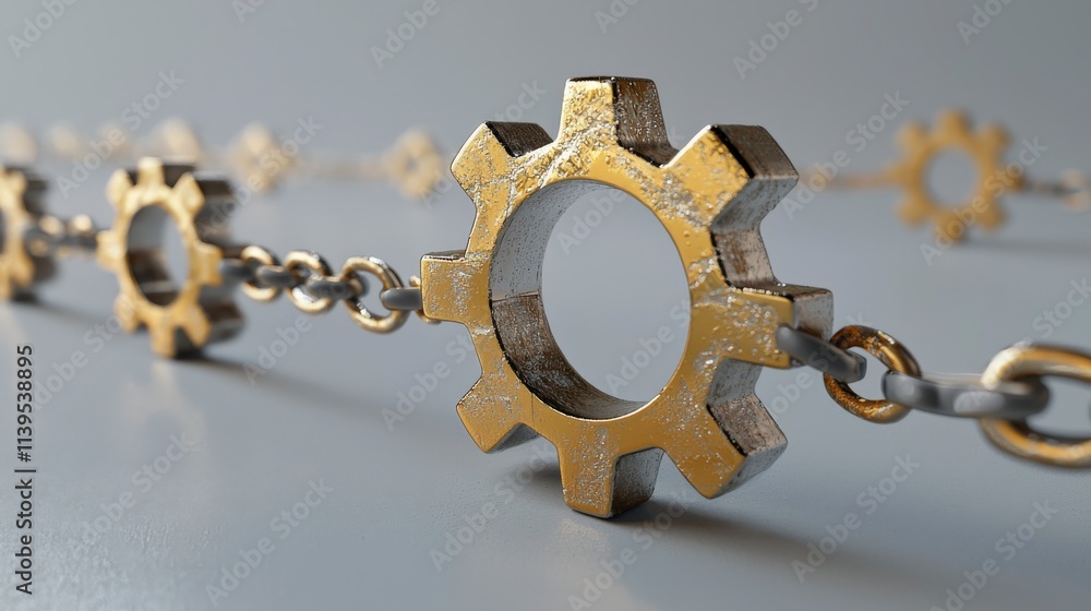 Poster mechanical gear system in motion industrial workshop 3d render close-up view engineering concept