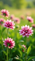Obraz premium Dahlia blooms in a field of tall grass with pink and white hues, natural, grass