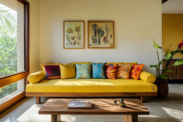 Yellow Daybed in Modern Interior with Colorful Pillows