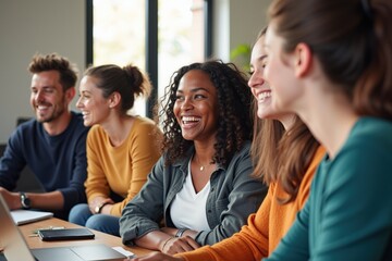 Happy Multiracial Group of Young Adults Laughing Together in Classroom Setting, Perfect for Diversity and Inclusion Training Materials
