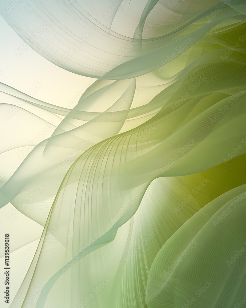 Poster abstract digital art with a green and white gradient background, featuring dynamic wave-like curved 