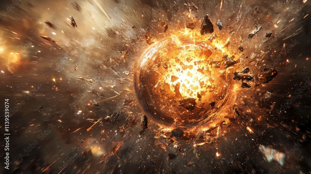 Aufkleber explosive cosmic event glowing orb shattering into fragments outer space digital art sci-fi environm