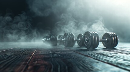 Metal dumbbells on smoky wooden floor.