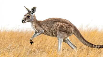 Kangaroo in a field of tall grass, side profile, leaping.