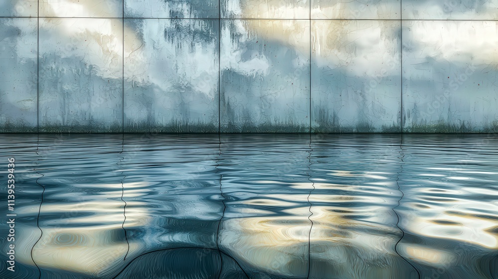 Poster distorted reflection on smooth wall over calm water urban setting artistic photography serene atmosp