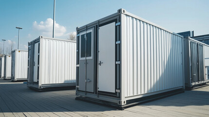 Naklejka premium Three white shipping containers are stacked on top of each other