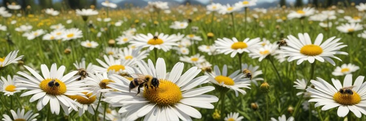 Obraz premium Bumble bees flying around a patch of daisies in a sunny meadow, with a few bees collecting nectar from each flower, pollination, floral arrangement