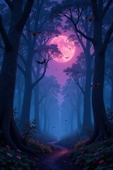 Obraz premium Bats fly through the canopy of a mystical forest at dusk, mysterious, forest, supernatural